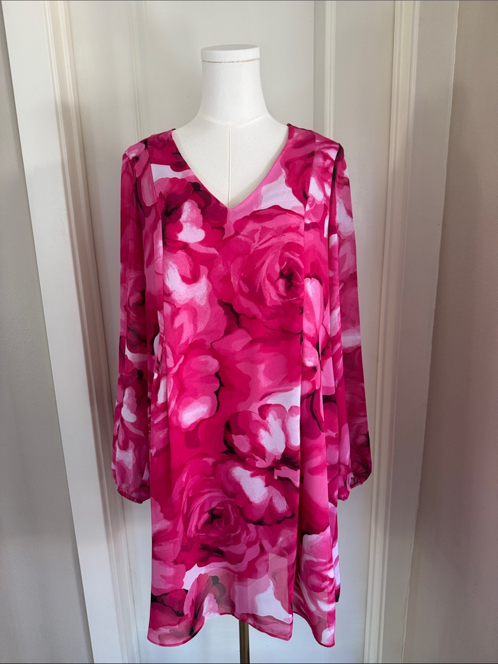 INC International Concepts Hot Pink Floral Tie-Neck Dress